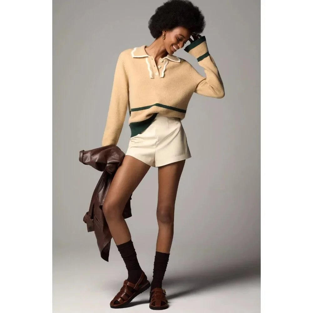 NWT Anthropologie Maeve Scallop Collared Sweater in Neutral Green Trim Top XS - Picture 3 of 7